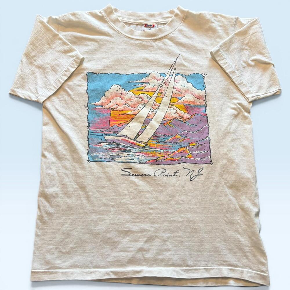 Vintage Somers Point NJ Shirt Mens Large Sunset Sailboat Tuff-T Tee T-Shirt